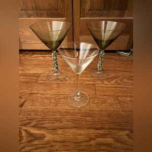 Lot: 3 Martini Glasses, 2 are Beaded, Green, and Retro; 1 is Smaller and Clear